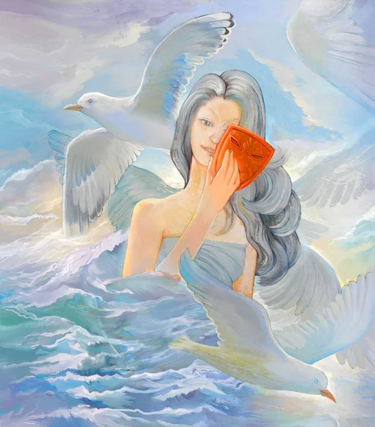 Mystery of Ocean Queen. Oil painting on canvas. Beautiful mermaid playing with seagulls in front of fury of the elements. Fantasy illustration for an old medieval maritime legend. Surrealism style.
