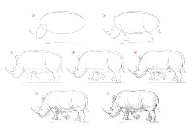 Sayfa gergedan eskizini nasıl çizeceğini gösteriyor. Adım adım kalem çizerek yaratma. Sanatçılar için eğitim sayfası. Sanatsal becerileri geliştirmek için bir ders kitabı. Online eğitim. Vektör illüstrasyonu