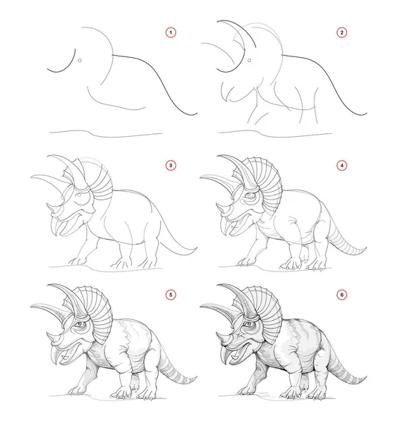 Página Mostra Como Aprender Desenhar Esboços Tricerátops Criação Passo Passo — Vetor de Stock
