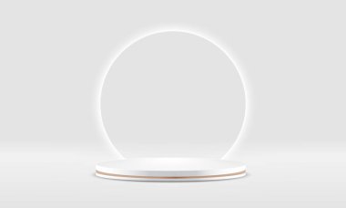White realistic 3d cylinder pedestal podium with circle rounded neon light backdrop. Abstract vector rendering geometric platform. Product display presentation. Minimal scene. clipart