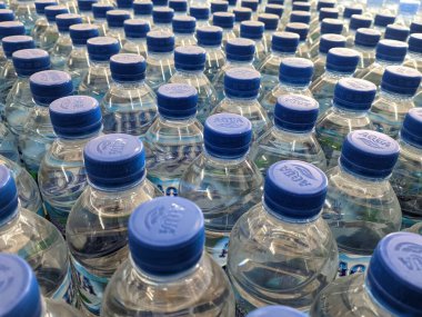 arrangement of mineral water in aqua bottles sold in supermarkets.  Medan Indonesia July 2022
