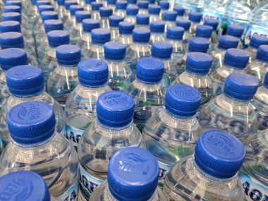arrangement of mineral water in aqua bottles sold in supermarkets.  Medan Indonesia July 2022