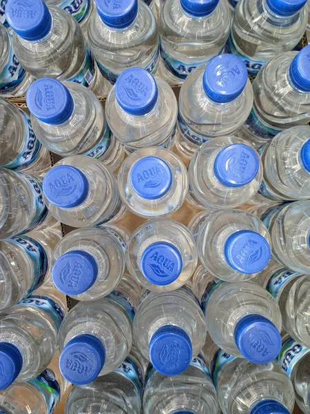 arrangement of mineral water in aqua bottles sold in supermarkets.  Medan Indonesia July 2022