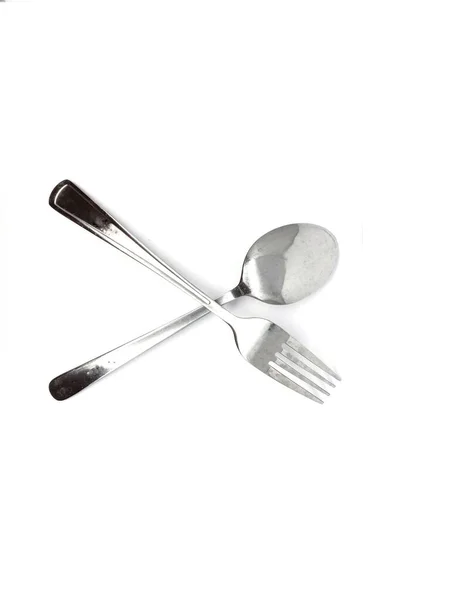 一副不锈钢叉子和勺子 在白色背景下隔离 — 图库照片