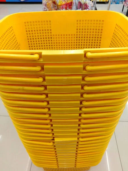 Pile Shopping Baskets Super Market Yellow Baskets — Zdjęcie stockowe