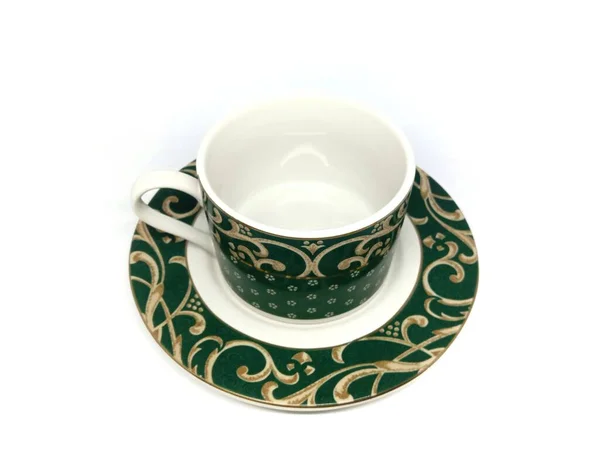 Empty Green Cup Saucer Isolated White Background — Zdjęcie stockowe