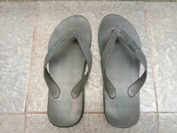 Pair Black Flip Flops Isolated Grey — Stok Foto