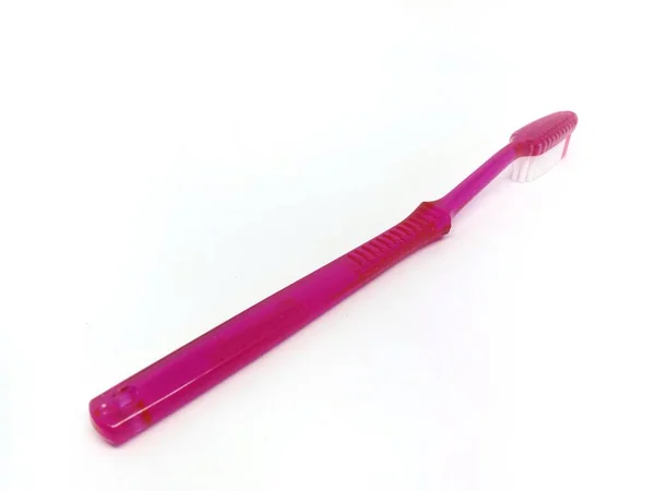 Red Plastic Toothbrush Cleaning Isolated White Background — Photo