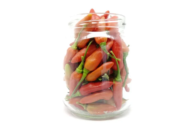 Red Peppers Glass Jar Isolated White Background Fresh Cayenne Peppers — Zdjęcie stockowe