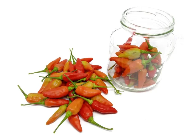 Red Peppers Glass Jar Isolated White Background Fresh Cayenne Peppers — ストック写真
