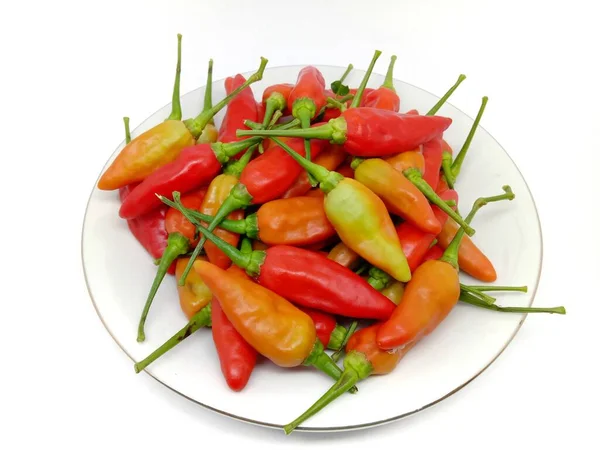 Stack Hot Cayenne Peppers White Plate Isolated White Background Fresh — Photo