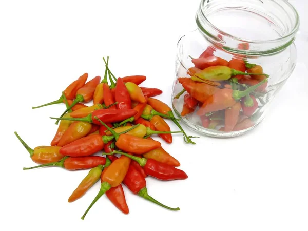 Red Peppers Glass Jar Isolated White Background Fresh Cayenne Peppers — ストック写真