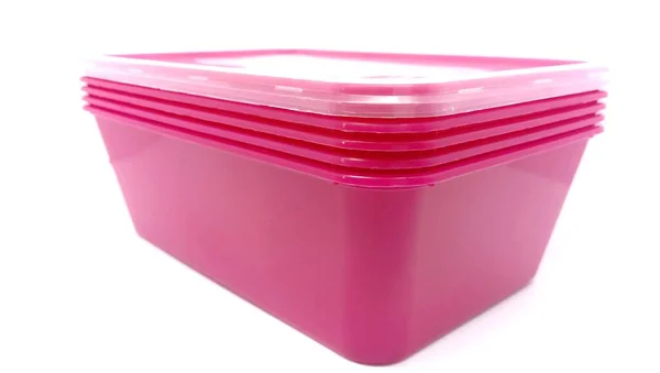 Stack Pink Food Plastic Containers Close — Fotografie, imagine de stoc