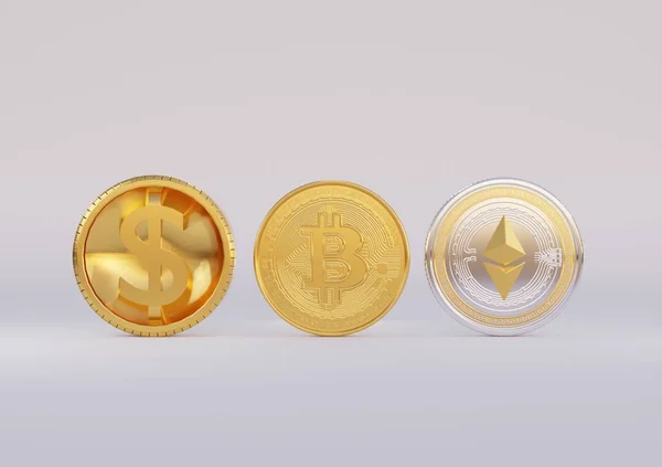 Set Gold Coin Bitcoin Ethereum White Background Golden Cryptocurrency Crypto — 스톡 사진