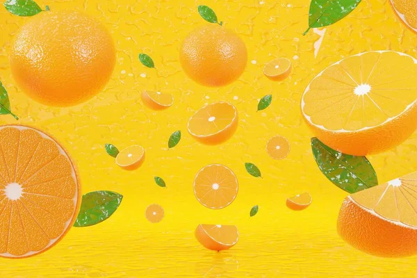 3D rendering orange with cut in half on yellow water background