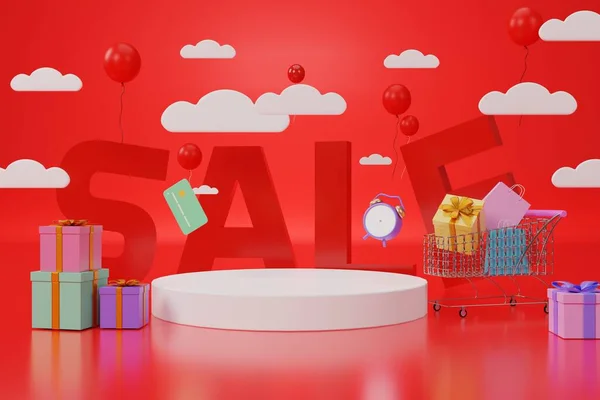 3d rendering,Red online selling idea on red background with white pedestal and many more colorful gift boxes and carts.