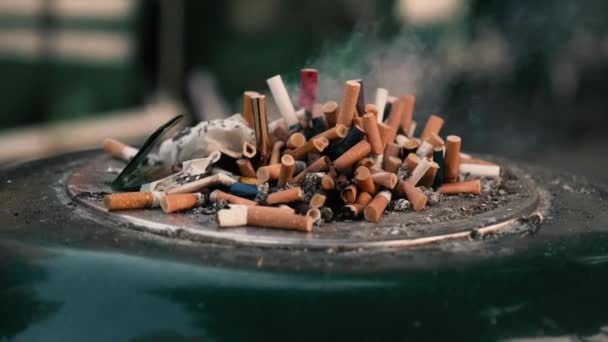 Ashtray Table Full Cigarette Butts Stop Smoking Habit Addiction Narcotic — Stock Video