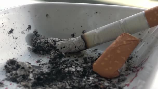 Kouření Cigarety Popelníku Stole Zblízka Kinematografická Atmosféra Film Závislost Nikotinu — Stock video