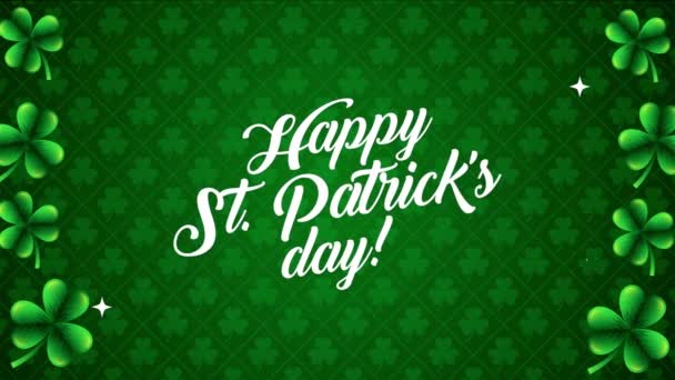 Animation Happy Patrick Day Text Clover Leaves Pattern Green Background — ストック動画