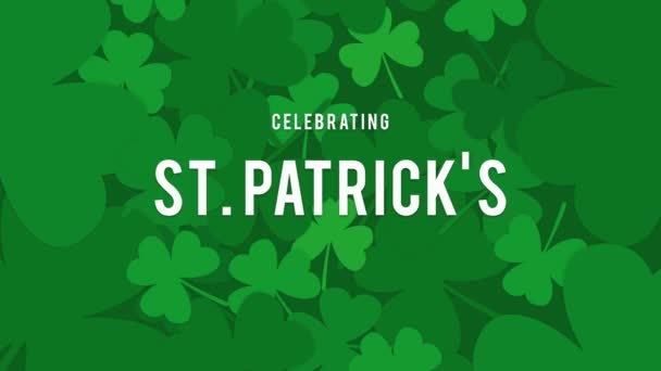 Animation Happy Patrick Day Text Clover Leaves Pattern Green Background — Vídeos de Stock