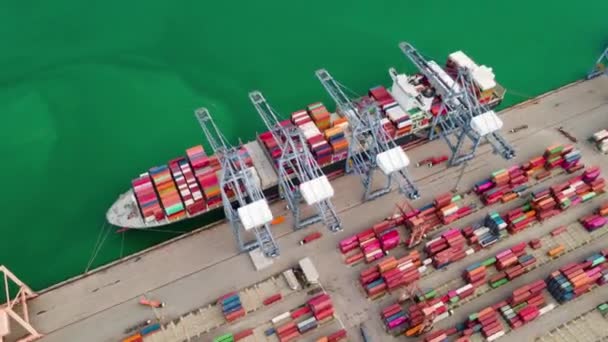 Aerial View Container Ship Loading Carrying Container Port Terminal Water — Vídeos de Stock