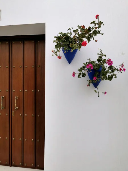 Andalusisk Fasad Med Blommor Krukor Hängande Väggen — Stockfoto