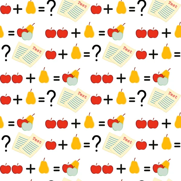 Seamless Pattern Back to School, Math, Formula with Apples and Pears, Hand Drawn Vector
