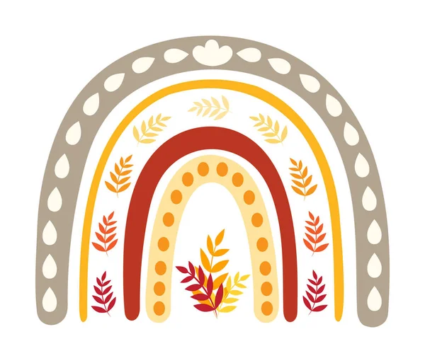 Clip art illustration of Autumn Rainbow. Rainbow in autumn, warm colours. Autumn leaves and raindrops, oak, maple, in yellow, orange and red colour pallete. Isolated elements on white background.