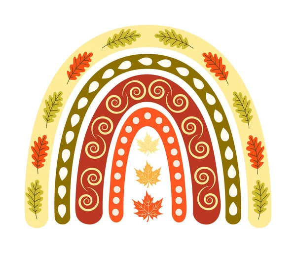 Clip art illustration of Autumn Rainbow. Rainbow in autumn, warm colours. Autumn leaves and raindrops, yellow, orange and red colour.Isolated elements on white background.