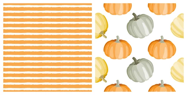 Set of seamless patterns with cute hand drawn Autumn pumpkins and orange stripes, on isolated white. Background for Thanksgiving, Halloween, Harvest celebration, textiles,wrapping paper, scrapbooking.