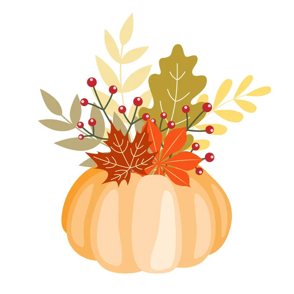 Autumn Clipart Pumpkin Oak Maple Leaves Hand Drawn Vector Illustration — Stock Vector