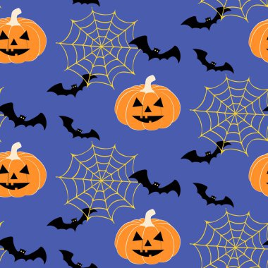 Jack O Lantern ve örümcek ağının etrafında uçan yarasalarla kusursuz bir Cadılar Bayramı deseni. Cadılar Bayramı parti dekorasyonu, hatıra defteri, tekstil, tebrik kartı tasarımı için el çizimi vektör çizimi.