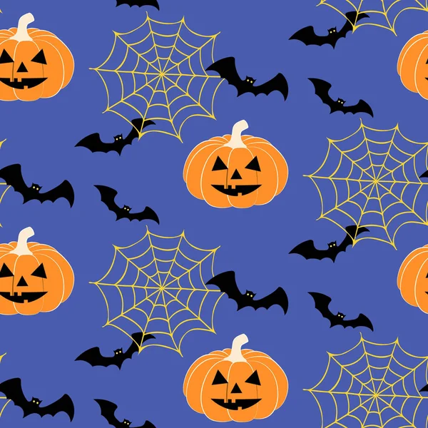 Jack O Lantern ve örümcek ağının etrafında uçan yarasalarla kusursuz bir Cadılar Bayramı deseni. Cadılar Bayramı parti dekorasyonu, hatıra defteri, tekstil, tebrik kartı tasarımı için el çizimi vektör çizimi.
