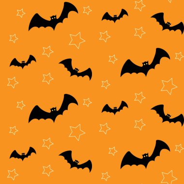 Turuncu arka planda yıldızların etrafında uçan yarasaların olduğu kusursuz bir Cadılar Bayramı deseni. Cadılar Bayramı parti dekorasyonu, yapıştırma kitabı, tekstil, duvar kağıdı, tebrik kartı tasarımı için el çizimi vektör çizimi.