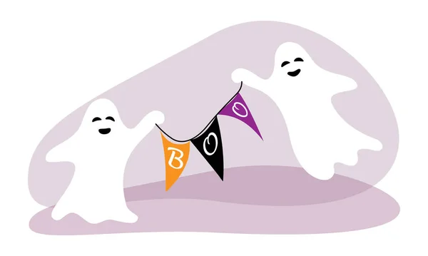 Korkunç Boo bayrakları taşıyan sevimli, komik hayaletler. İllülasyon, izole edilmiş arkaplanda Clipart 'ı ayarladı. Cadılar Bayramı kutlaması için ürkütücü arka plan, tekstil, duvar kağıtları, ambalaj kağıdı, yapıştırma kitabı.
