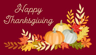 Balkabağı ve yaprakların ılık sonbahar renklerinde tasviri. Şükran Günü selamları. Ayrı nesneler ve Burgundy arka planında düzenlenebilir metin. Şükran Günü kutlaması, kart tasarımı, hatıra defteri.