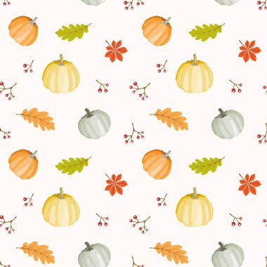 Balkabağı ve yaprakların pürüzsüz deseni ılık sonbahar renklerinde. Vektör illüstrasyonu, Şükran Günü ve hasat kutlamaları için arka plan, kart tasarımı, hatıra defteri, tekstil.