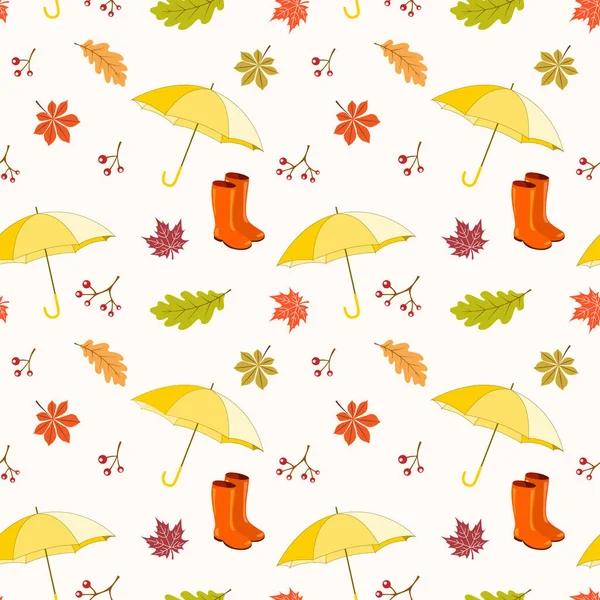 Seamless Pattern Umbrellas Rubber Boots Autumn Leaves Vector Illustration Background — Stock Vector