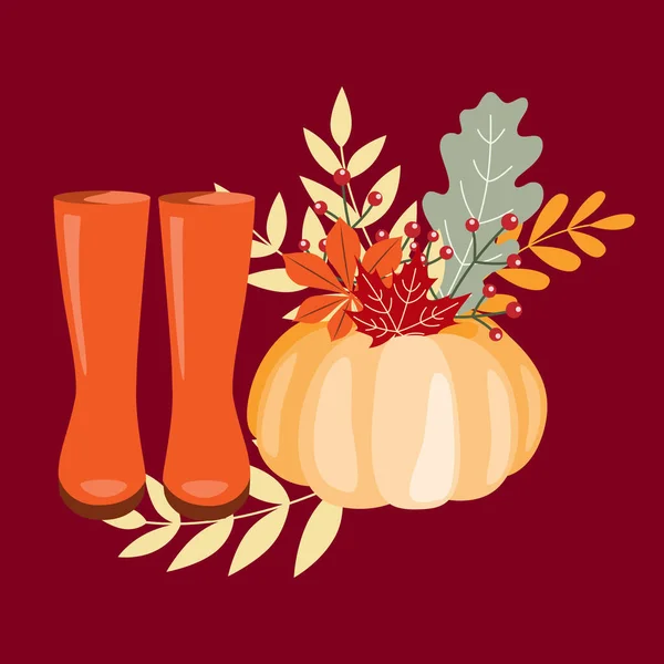 Illustration Pumpkins Boots Leaves Warm Colours Isolated Objects Burgundy Background — Stock Vector