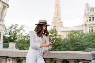 Stylish woman using mobile phone with Eiffel tower at background in Paris  clipart