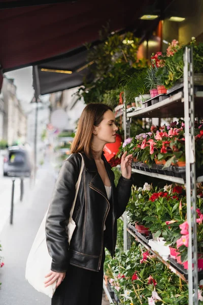Vista lateral de la mujer con estilo con bolsa de compras de lona mirando plantas en maceta verde en la calle en París - foto de stock