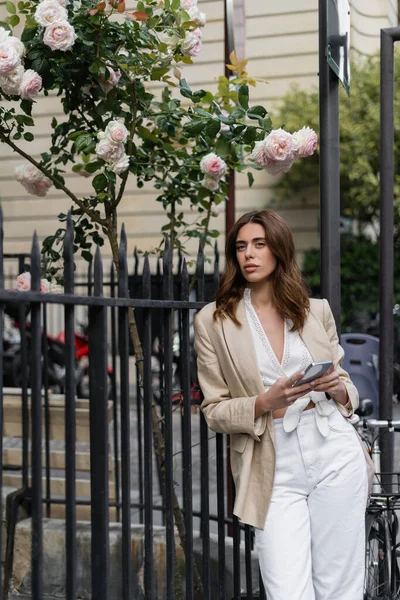 Stilvolle brünette Frau in Jacke mit Handy auf einer Straße in Paris — Stockfoto