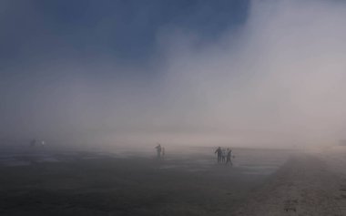 İnsanlar, Almanya 'nın kuzey denizindeki alçak gelgit sırasında çorak denizde yürüyorlar.