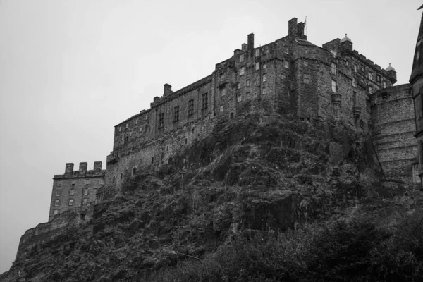 black and white photo of Edinburgh Castle in Scotland.