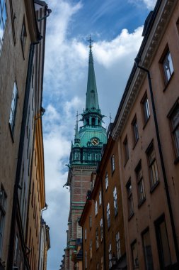 Alman Kilisesi veya St. Gertrudes Curch Stockholm sokaklarında fotoğraflandı. İsviçre 'de Tyska Kyrkan.