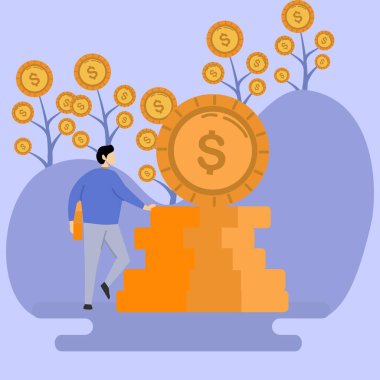 Elinde büyük altın para tutan adam para kazanıyor, biriktiriyor ve yatırım yapıyor..