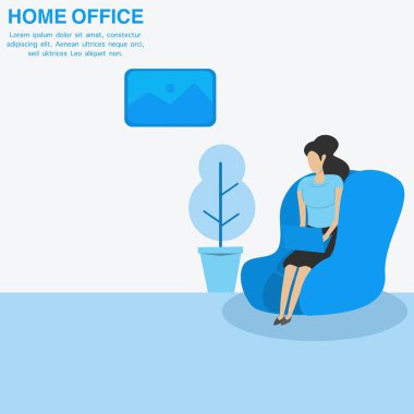 Evde çalışmak, ortak çalışma alanı, konsept illüstrasyon. Genç bir kadın, evde bilgisayar ve dizüstüyle çalışan serbest çalışan bir kadın. Vektör düz biçim illüstrasyonu