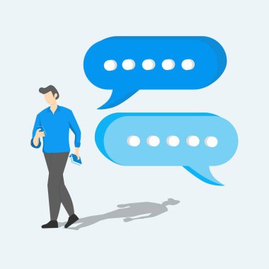 Akıllı telefon tutan ve mesajlar alan bir adam. Güvenli anında mesajlaşma, çevrimiçi sohbet ve veri koruması için mobil uygulama kavramı. Poster ve afiş için modern düz vektör illüstrasyonu.