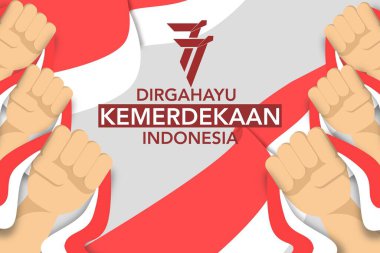 Endonezya Bağımsızlık Günü 'nü kutluyoruz, 17 Ağustos, Endonezya ulusal bayrağını tutan eller. Tebrik kartları, davetiyeler, posterler, afişler, kartpostallar, web siteleri, hareket grafikleri için kullanılabilir.