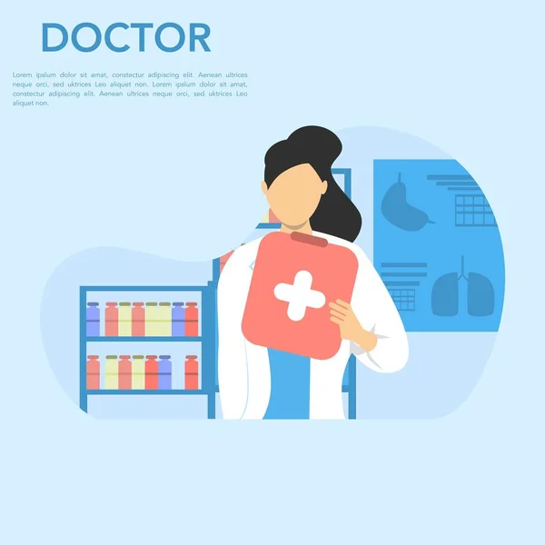 Concept Treatment Doctor Female Doctor Practitioner Holding Information Board Hospital – stockvektor